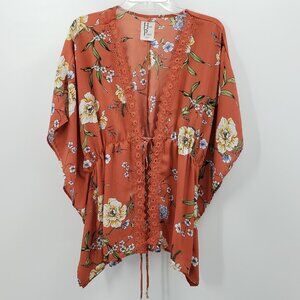 Haute Project Kimono Topper Size 1X Rust Orange Floral Lace Trim Elastic Waist
